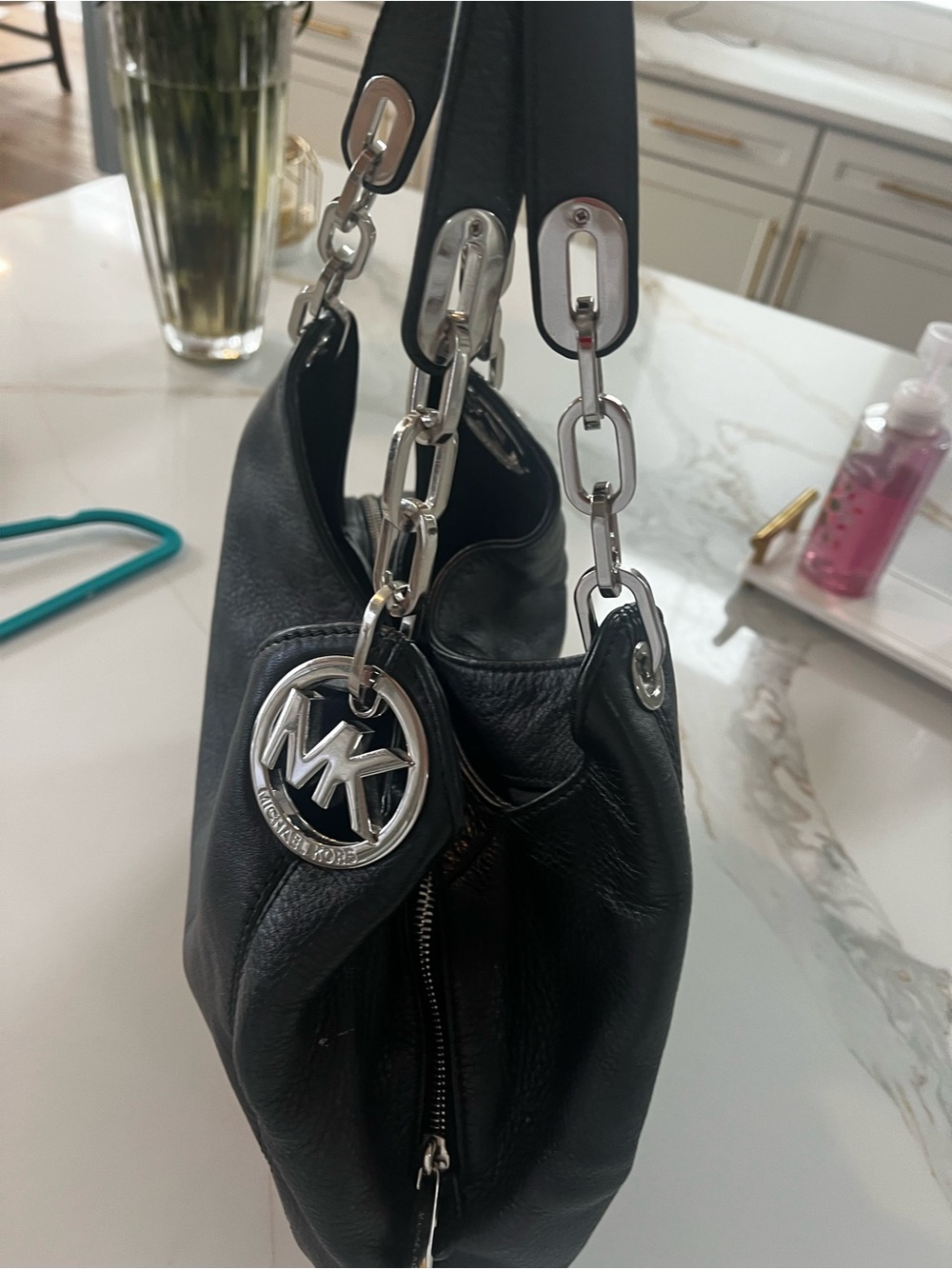 Michael Kors Black Leather Hobo Shoulder Bag Silver Chain MK Charm